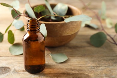 Photo of Bottle of eucalyptus essential oil and leaves on wooden table. Space for text