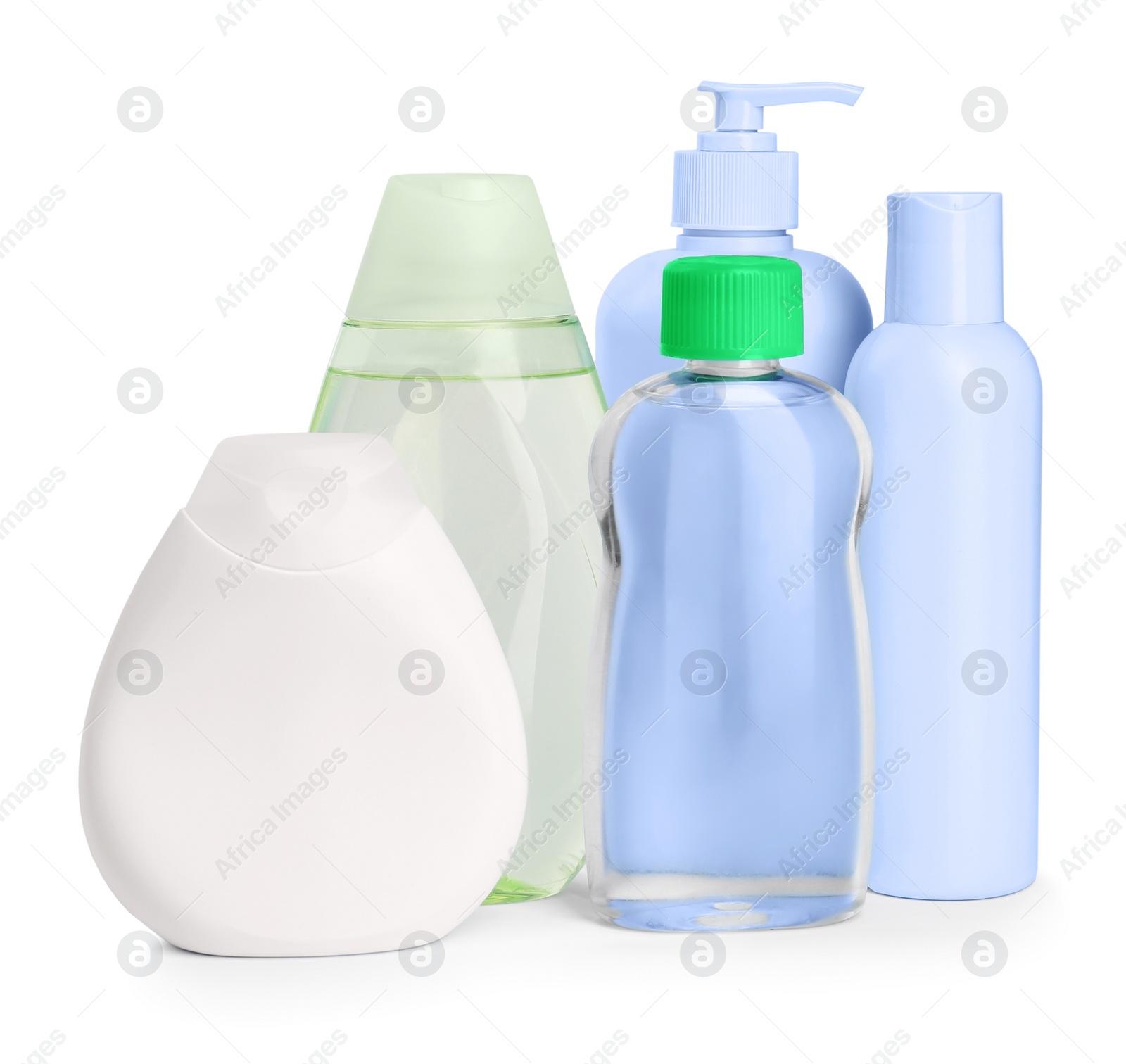 Photo of Bottles with different skin care products for baby isolated on white