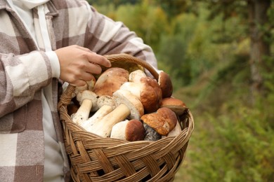 Photo of Man holding wicker basket with fresh wild mushrooms, closeup