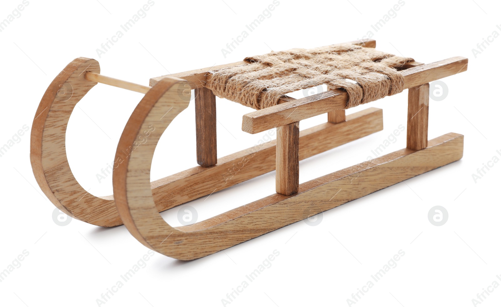 Photo of Beautiful decorative wooden sleigh on white background