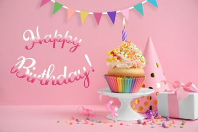 Image of Happy Birthday! Delicious cupcake with candles on pink background