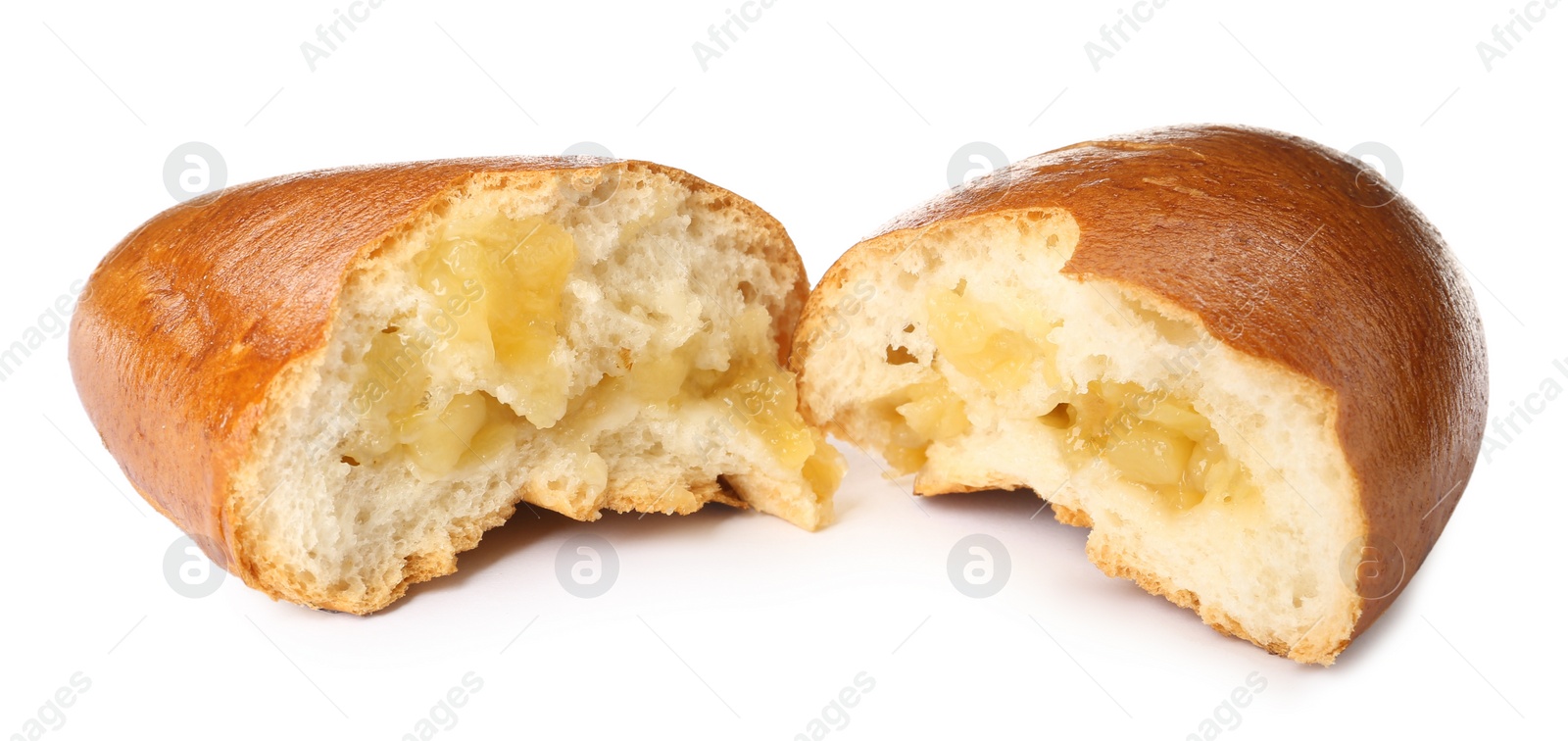 Photo of Delicious baked patty with apple on white background