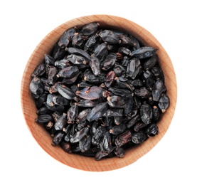 Photo of Bowl with dried barberry on white background, top view. Different spices