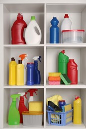 Photo of Different cleaning supplies and tools on shelves