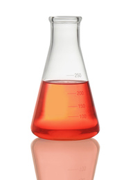 Photo of Conical flask with red liquid isolated on white
