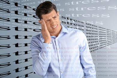 Image of Man suffering from depression and words STRESS on grey background