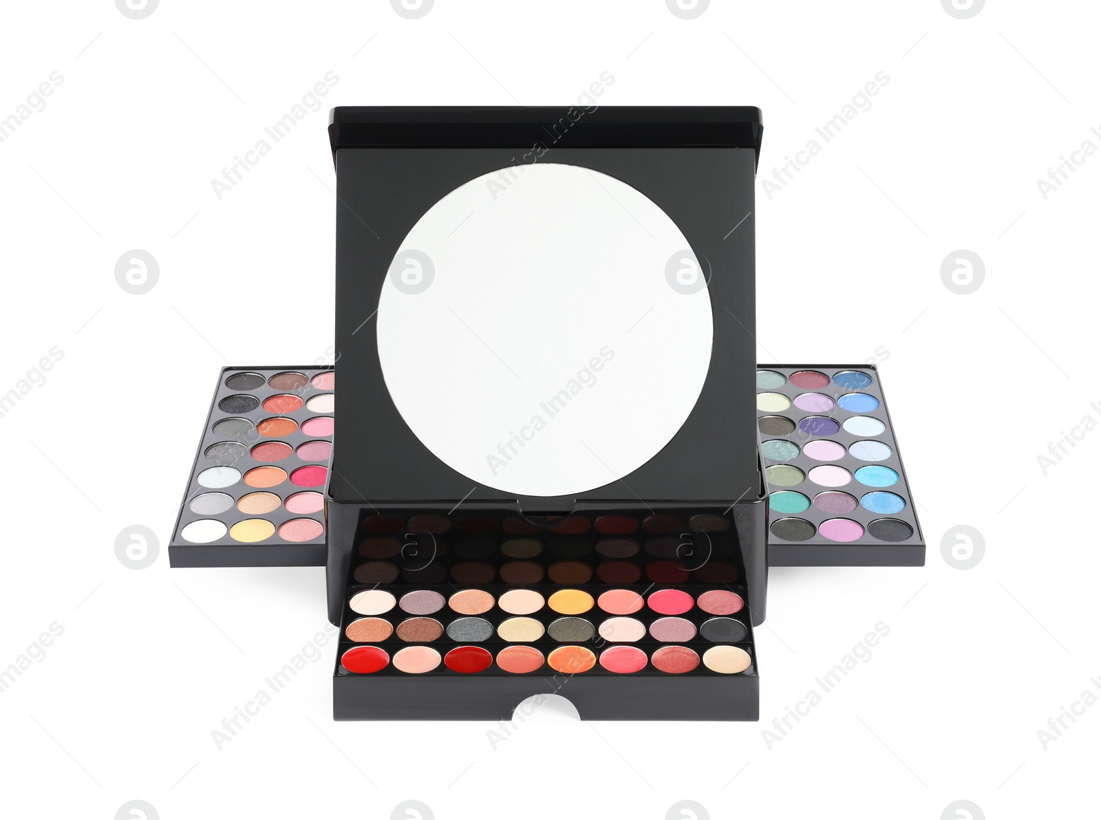 Photo of Portable beauty case with different makeup products and mirror isolated on white