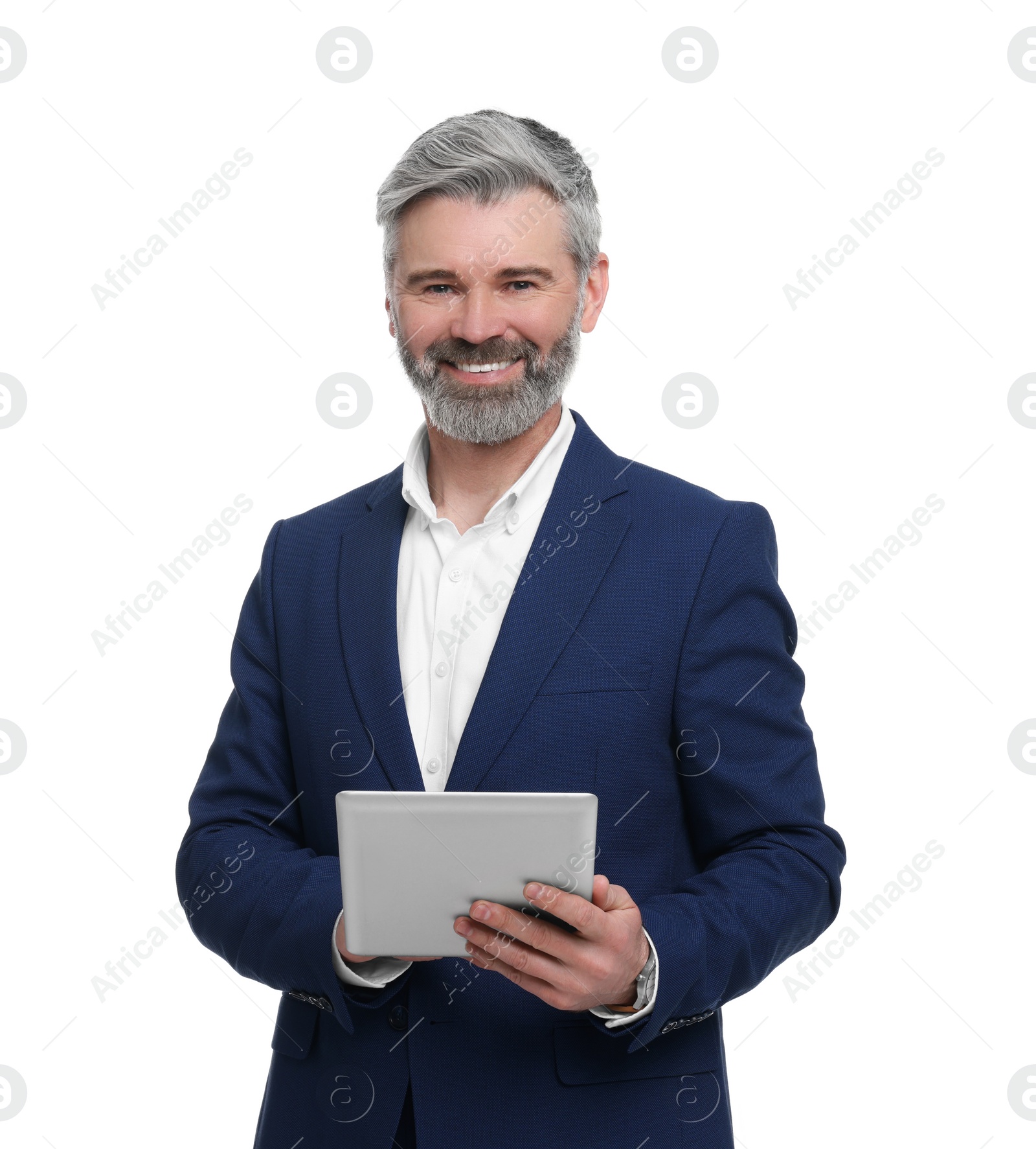 Photo of Mature businessman in stylish clothes with tablet on white background