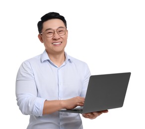 Businessman in formal clothes with laptop on white background