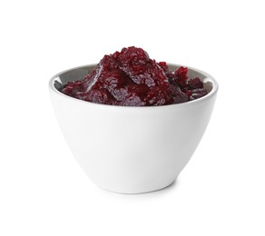 Photo of Delicious beetroot puree in bowl isolated on white. Healthy food