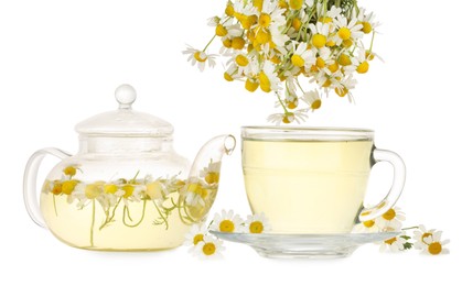 Photo of Aromatic herbal tea with chamomile flowers isolated on white