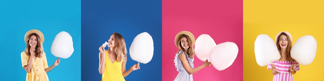 Collage with photos of young woman holding cotton candy on color background. Banner design