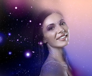 Double exposure of beautiful woman and starry sky. Astrology concept