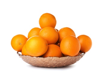 Photo of Fruit bowl with tasty oranges isolated on white