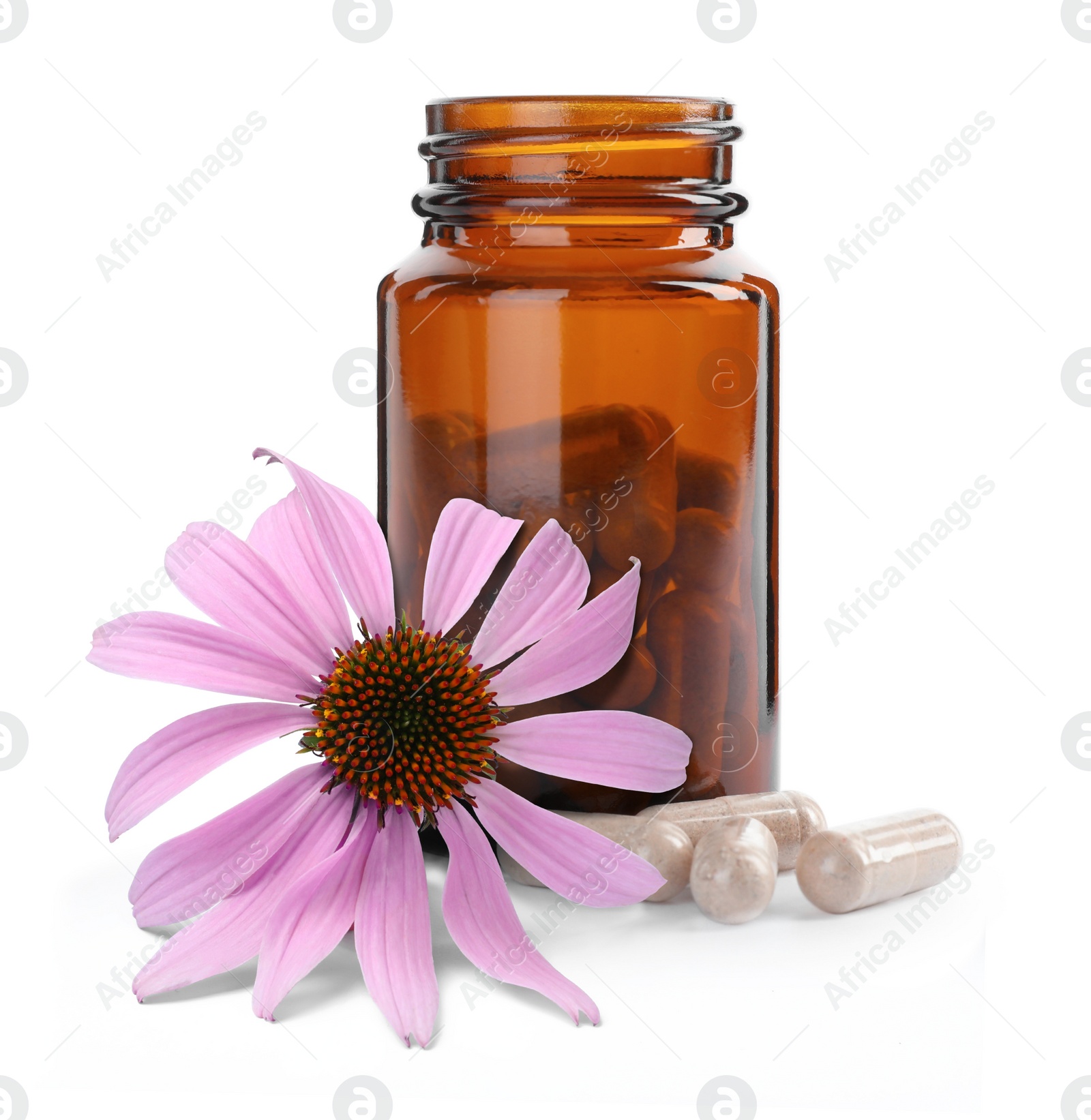 Image of Bottle with vitamin pills and beautiful echinacea flower on white background