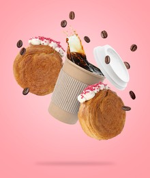 Image of Round croissants and coffee in air on pink background