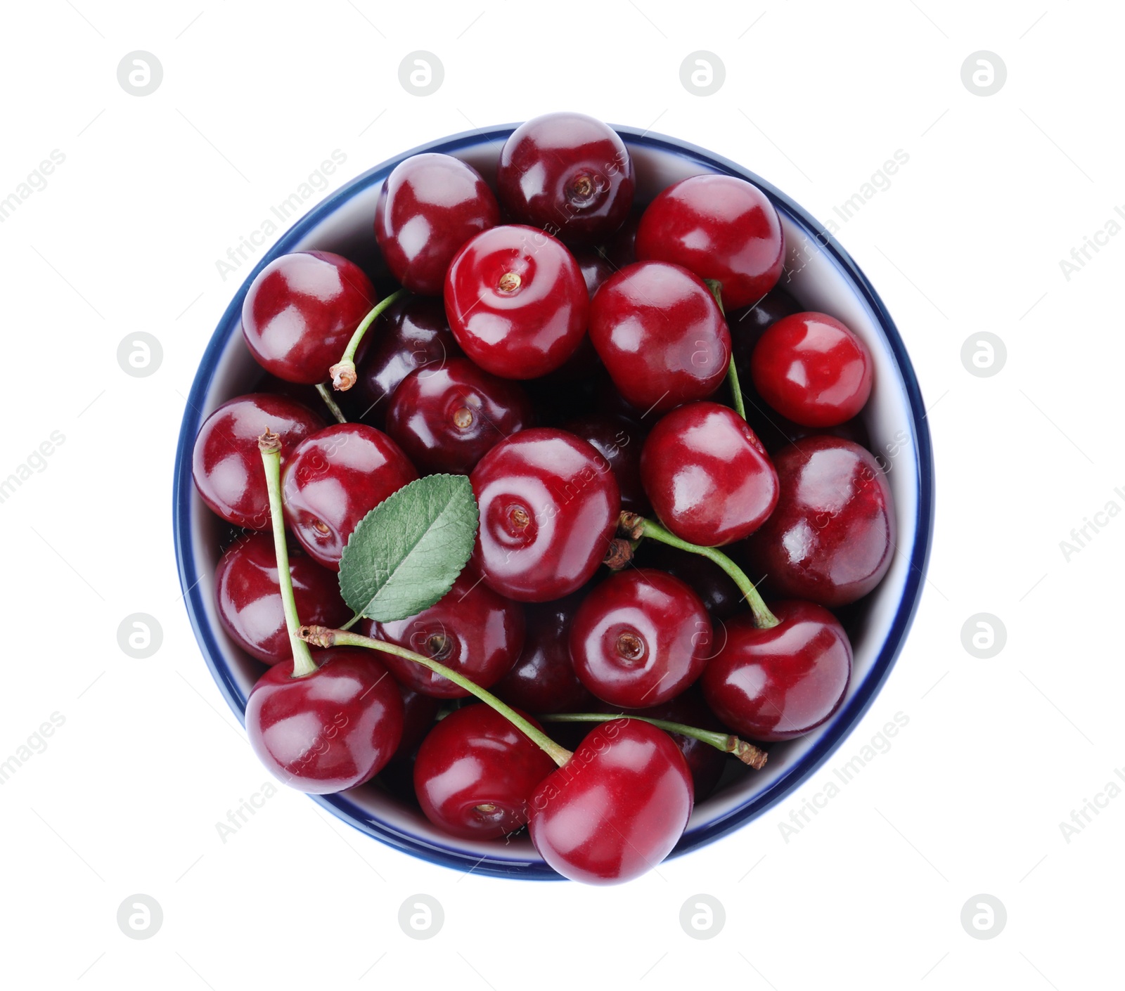 Photo of Sweet juicy cherries in bowl isolated on white, top view