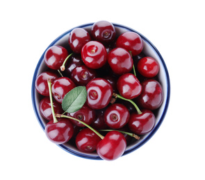 Sweet juicy cherries in bowl isolated on white, top view