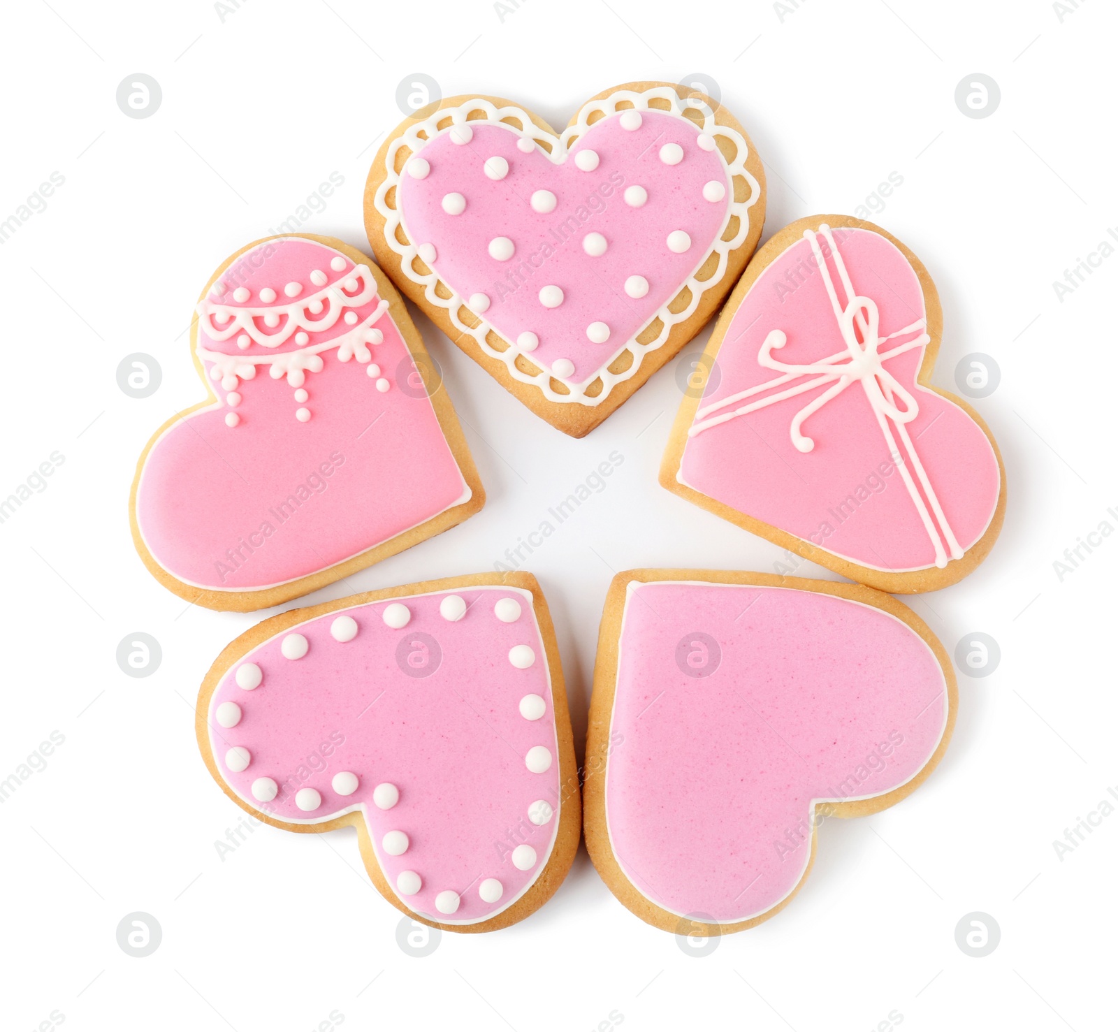 Photo of Decorated heart shaped cookies on white background, top view