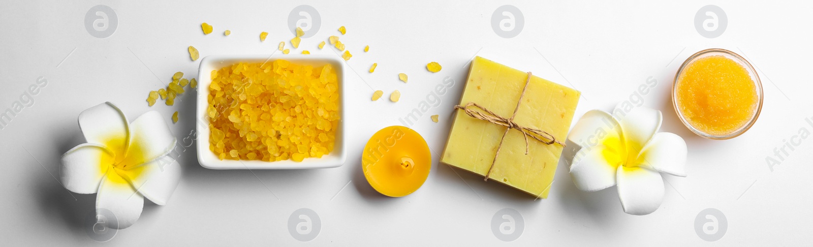 Image of Flat lay composition with spa cosmetic products on white background. Banner design