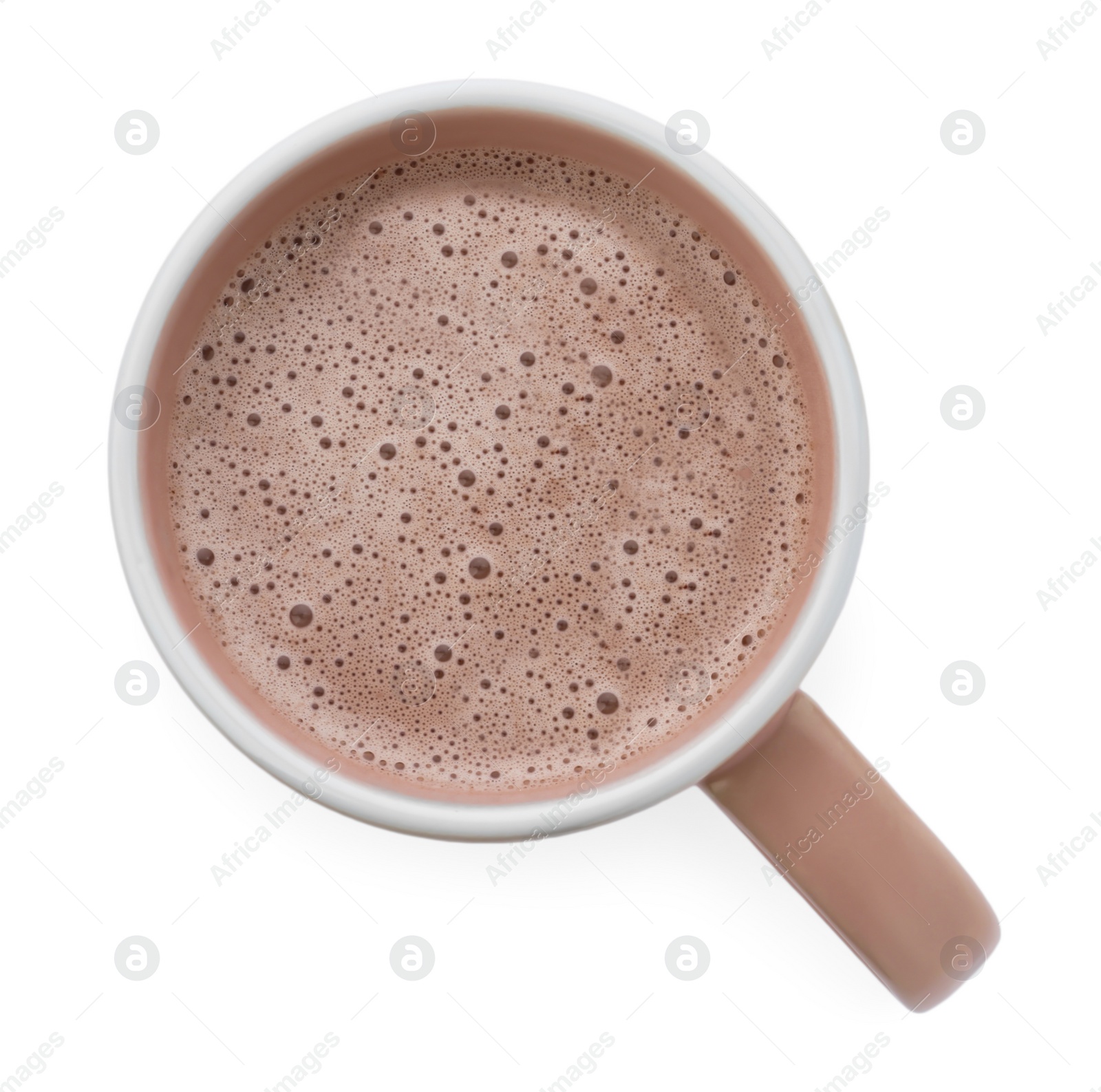 Photo of Delicious cocoa in beige cup on white background, top view