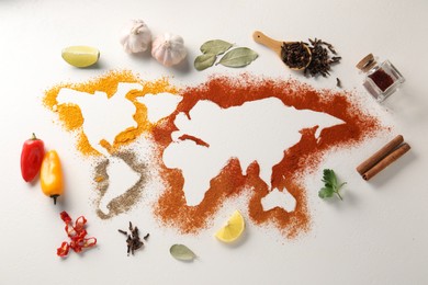 World map of different spices and products on white textured table, flat lay