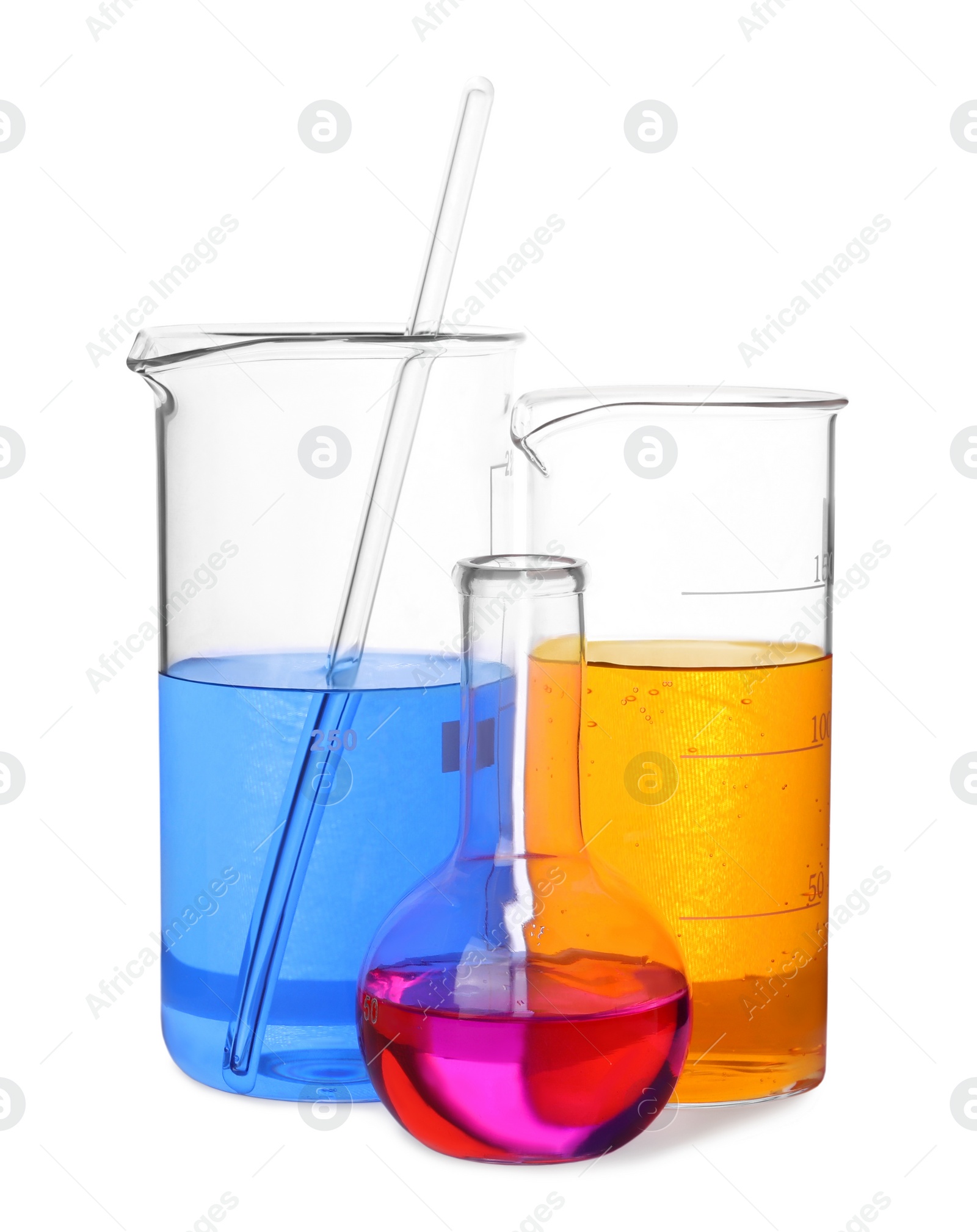 Photo of Different laboratory glassware with colorful liquids on white background