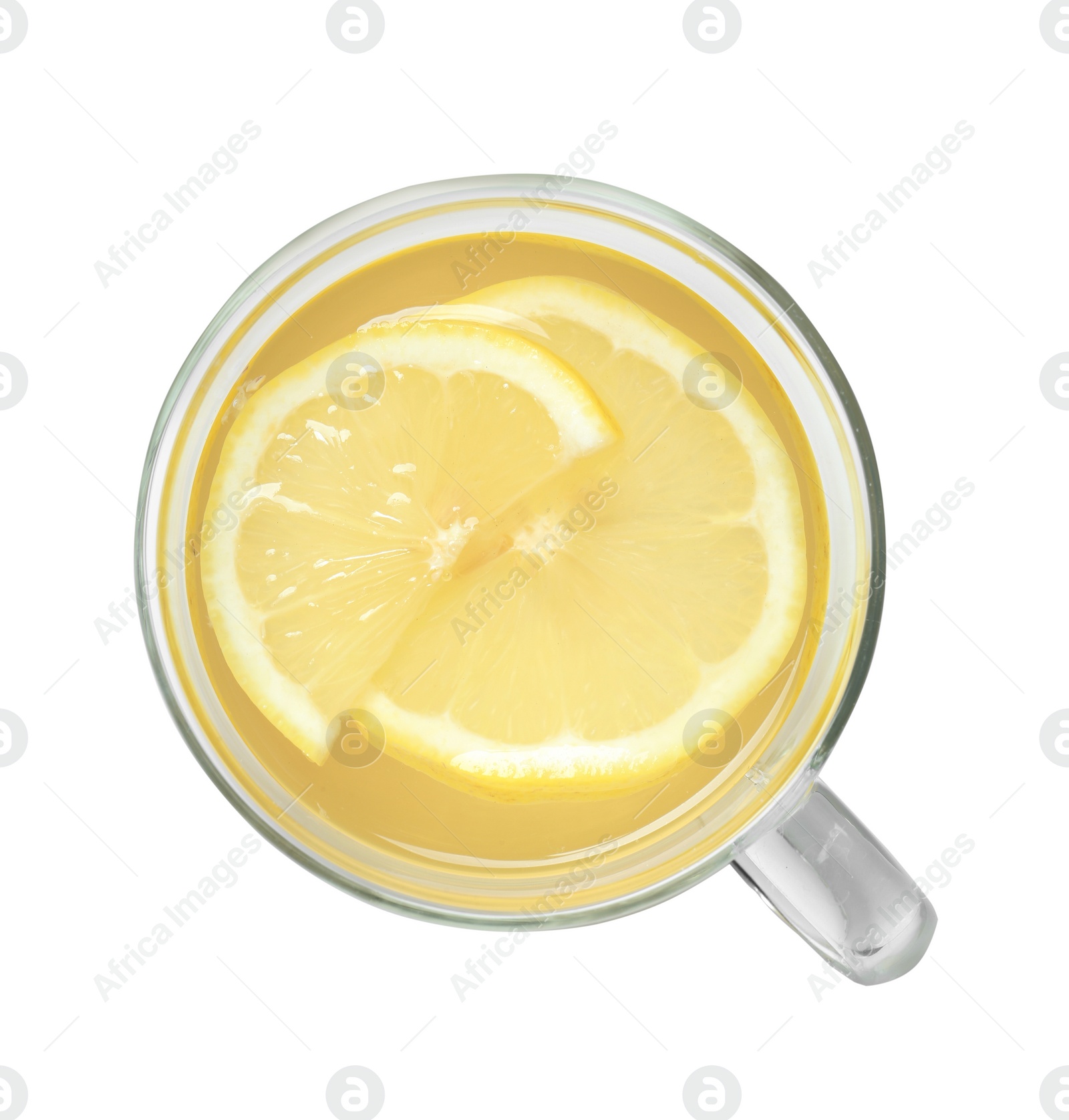 Photo of Glass cup with hot tea and lemon on white background, top view