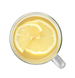 Glass cup with hot tea and lemon on white background, top view