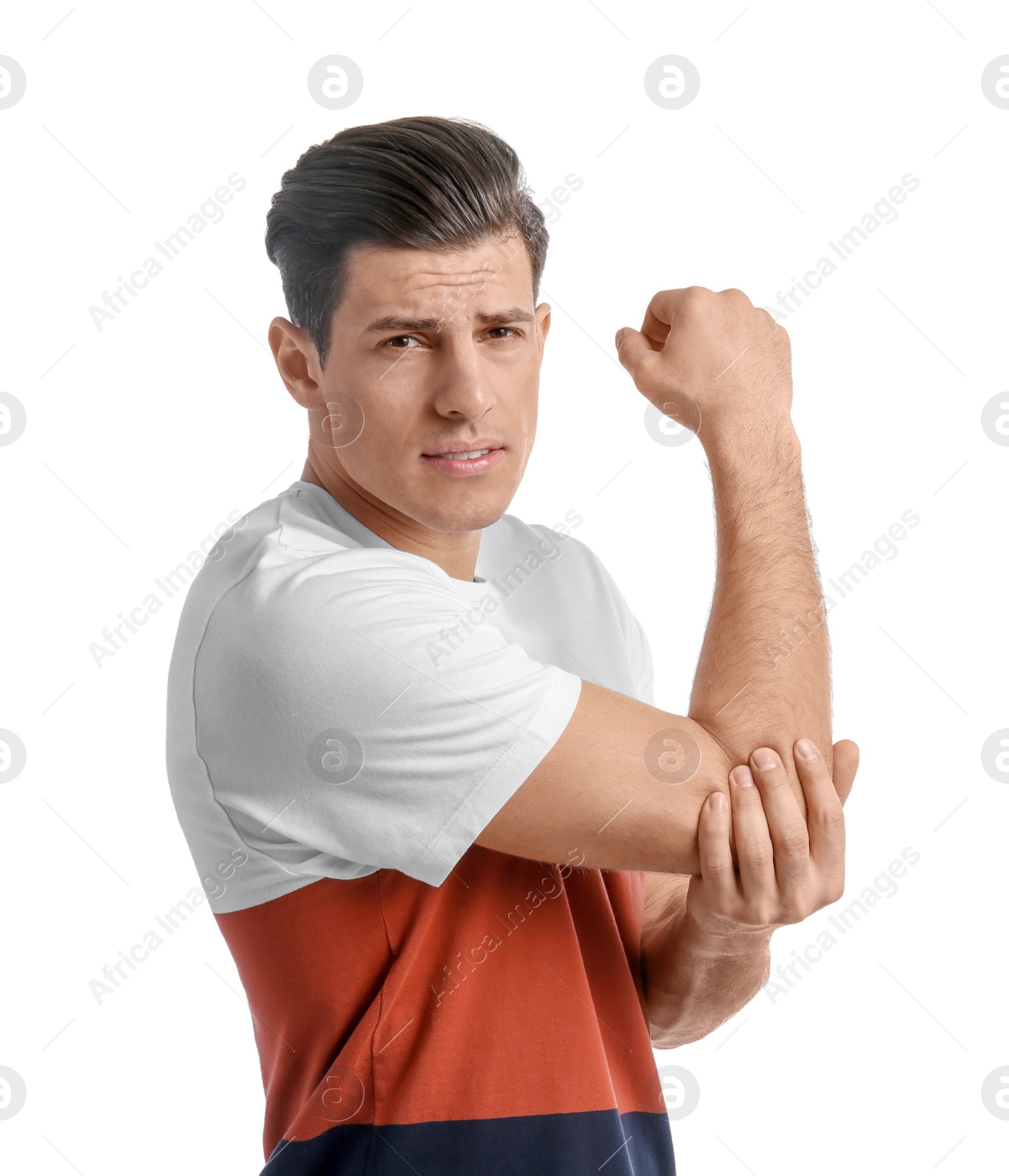 Photo of Young man suffering from pain in elbow on white background