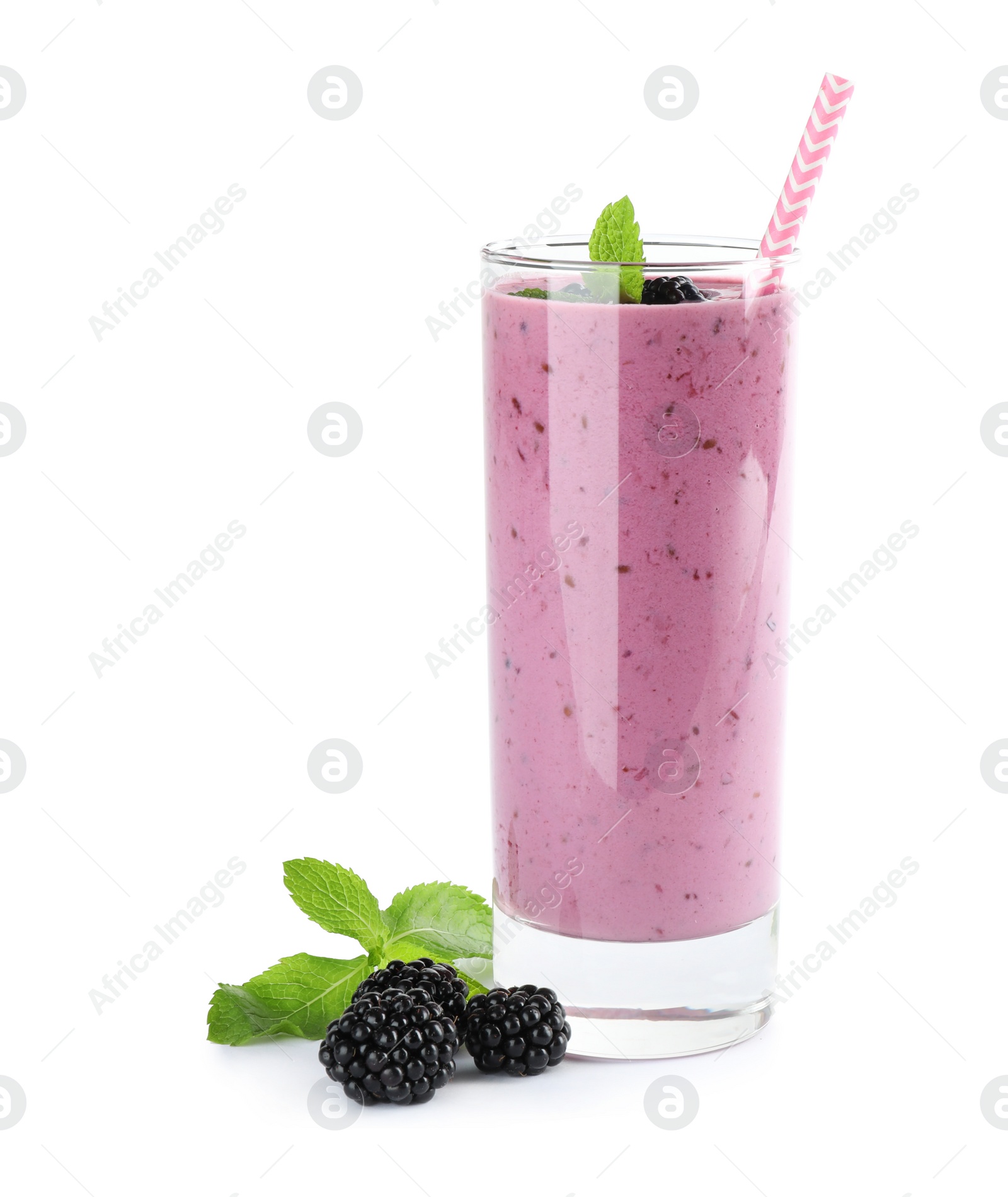 Photo of Delicious blackberry smoothie in glass on white background