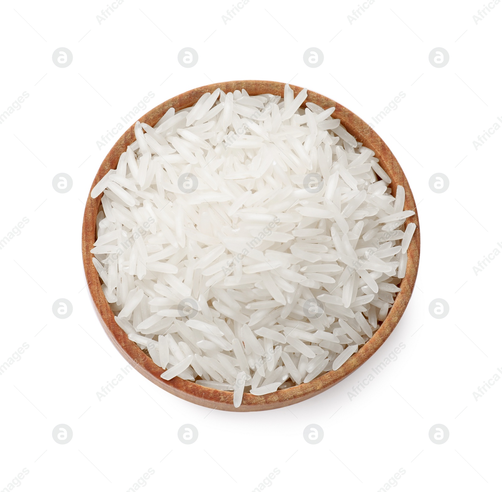 Photo of Raw basmati rice in bowl isolated on white, top view