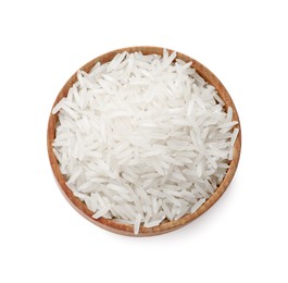 Raw basmati rice in bowl isolated on white, top view