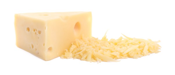 Photo of Grated and whole piece of cheese isolated on white