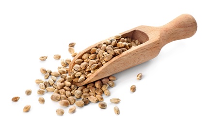 Photo of Wooden scoop with hemp seeds on white background