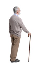 Senior man with walking cane on white background