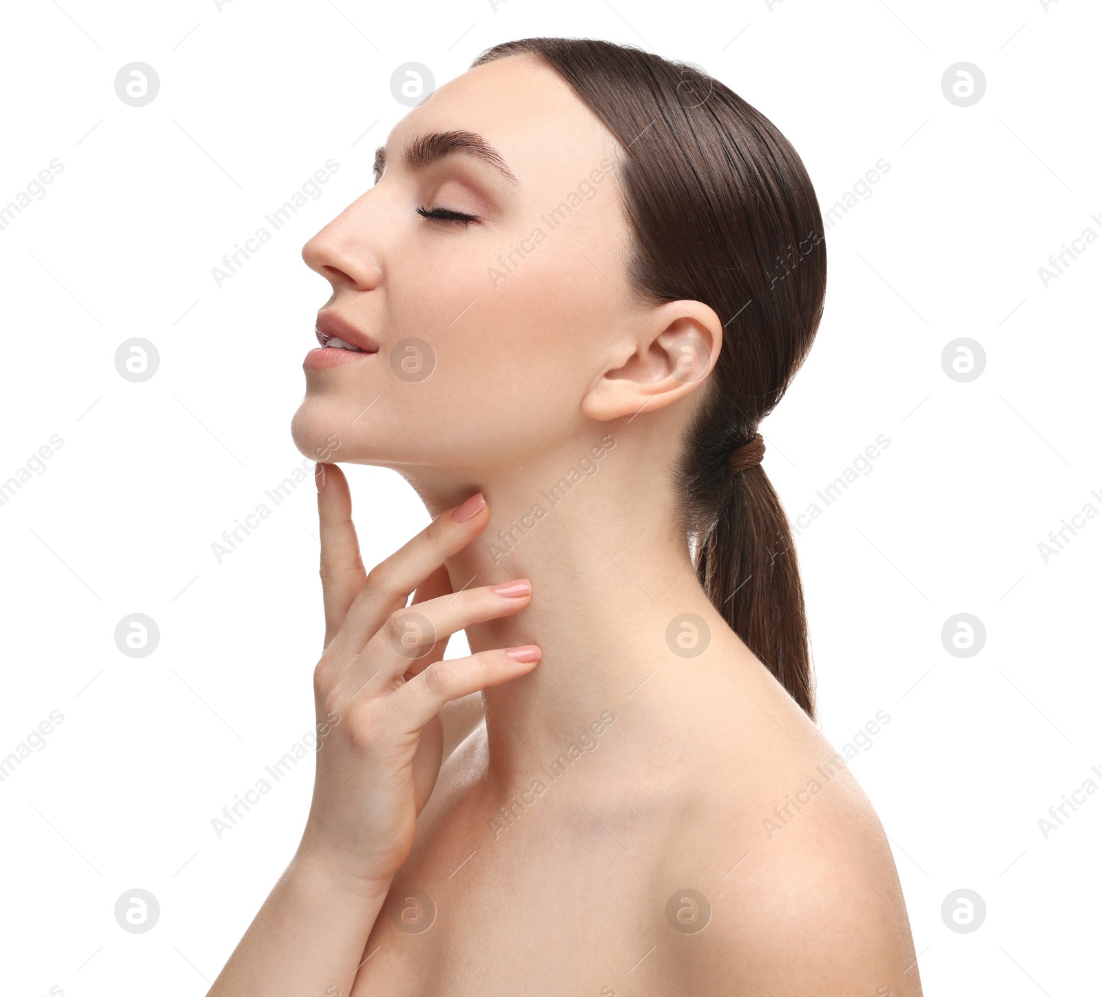 Photo of Beautiful woman touching her neck on white background