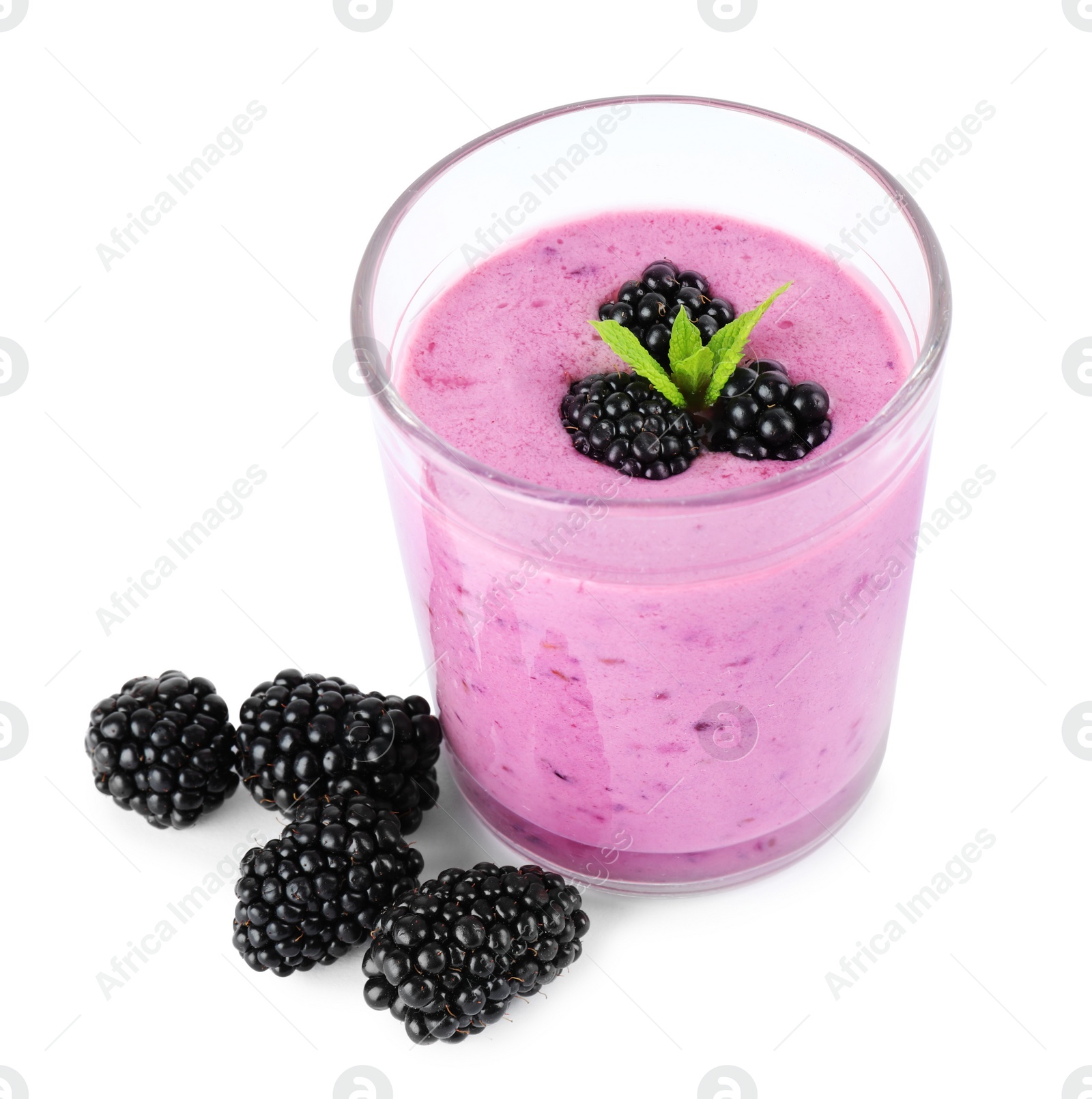 Photo of Delicious blackberry smoothie in glass on white background