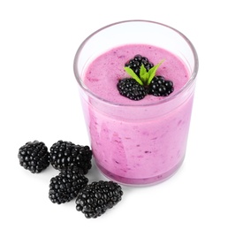 Delicious blackberry smoothie in glass on white background