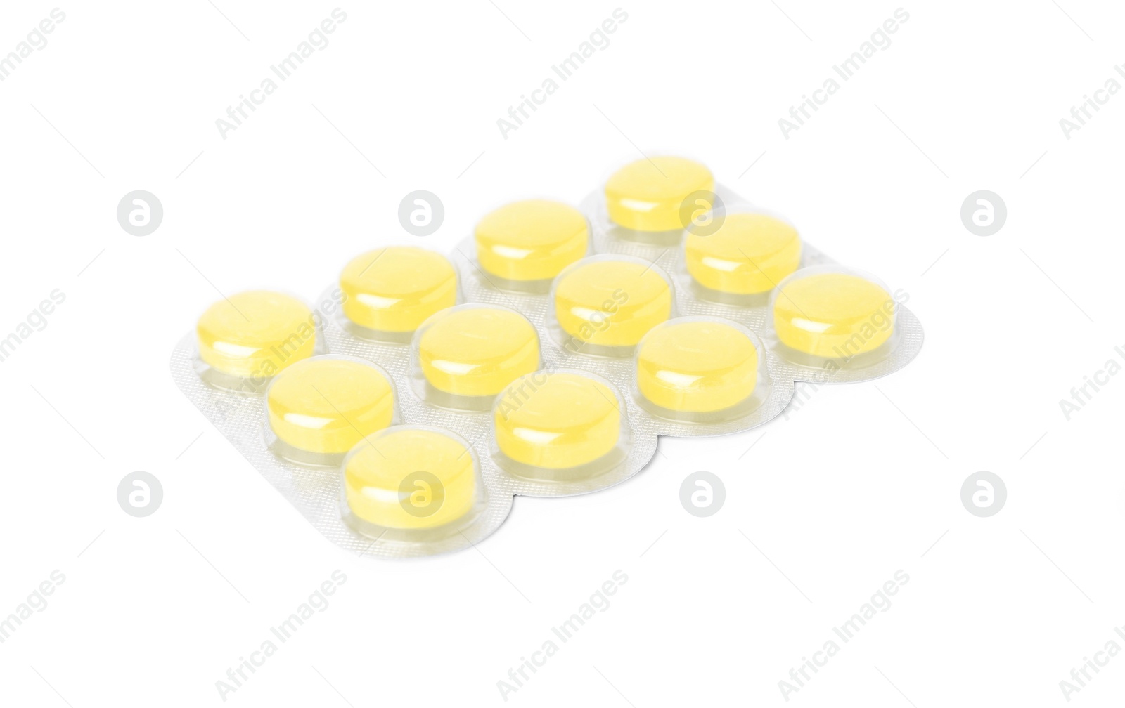 Photo of Blister with yellow cough drops isolated on white
