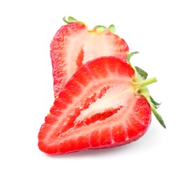 Photo of Halves of delicious fresh strawberry on white background