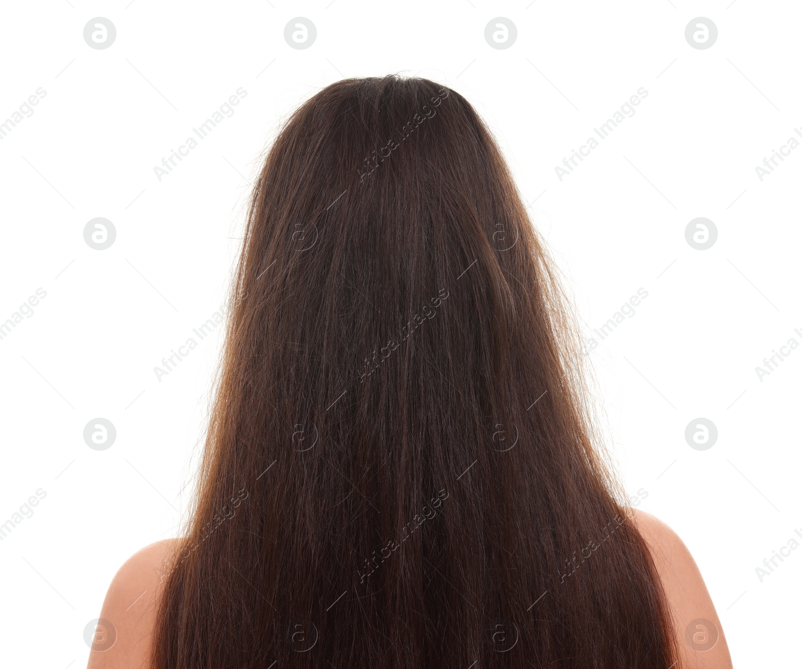 Photo of Woman with damaged hair before treatment isolated on white, back view