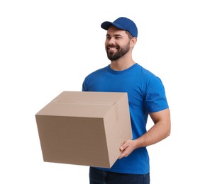 Happy courier with parcel on white background