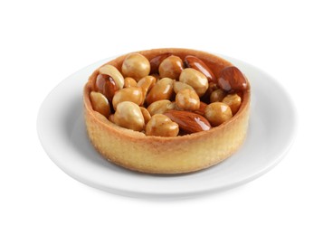 Photo of Tartlet with caramelized nuts isolated on white. Tasty dessert