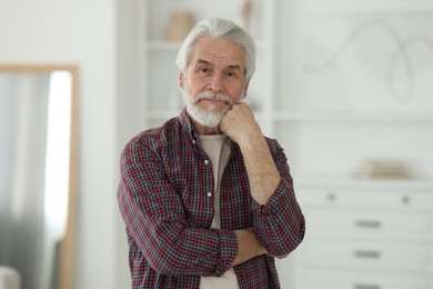 Portrait of happy grandpa with grey hair indoors