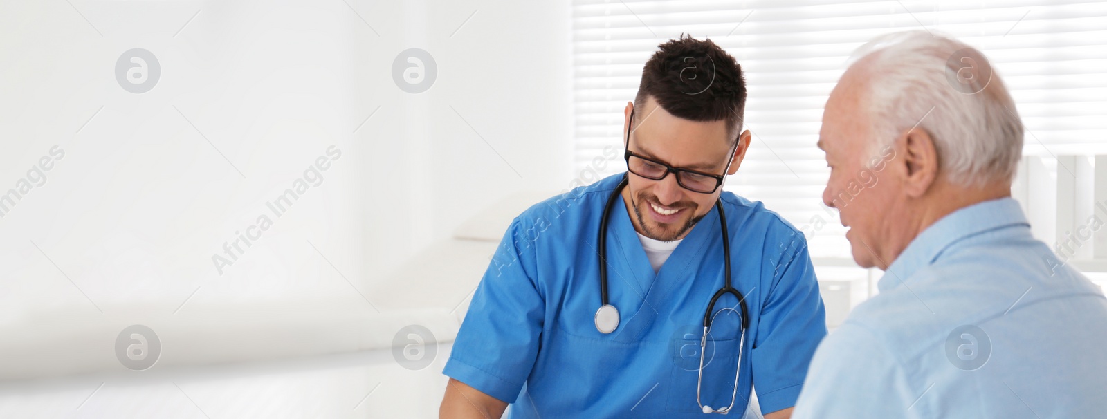 Image of Doctor examining senior patient in modern office, space for text. Banner design