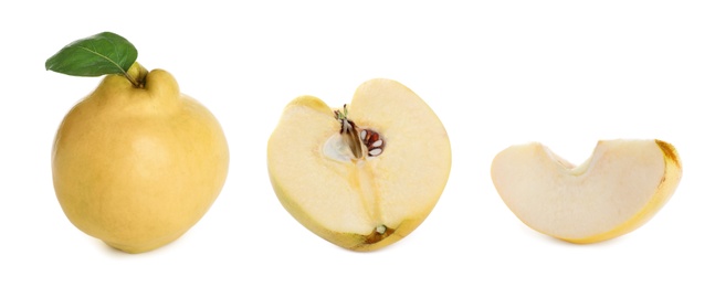 Image of Set of delicious ripe quinces on white background