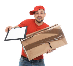 Photo of Emotional courier with damaged cardboard box and clipboard on white background. Poor quality delivery service