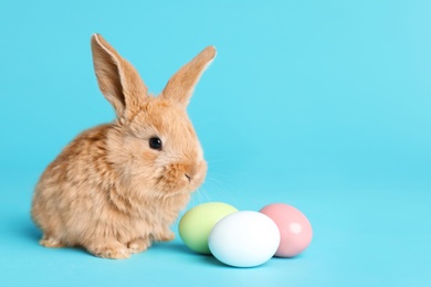 Photo of Adorable furry Easter bunny and dyed eggs on color background, space for text