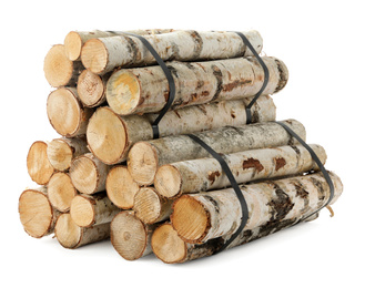 Photo of Bunches of cut firewood isolated on white